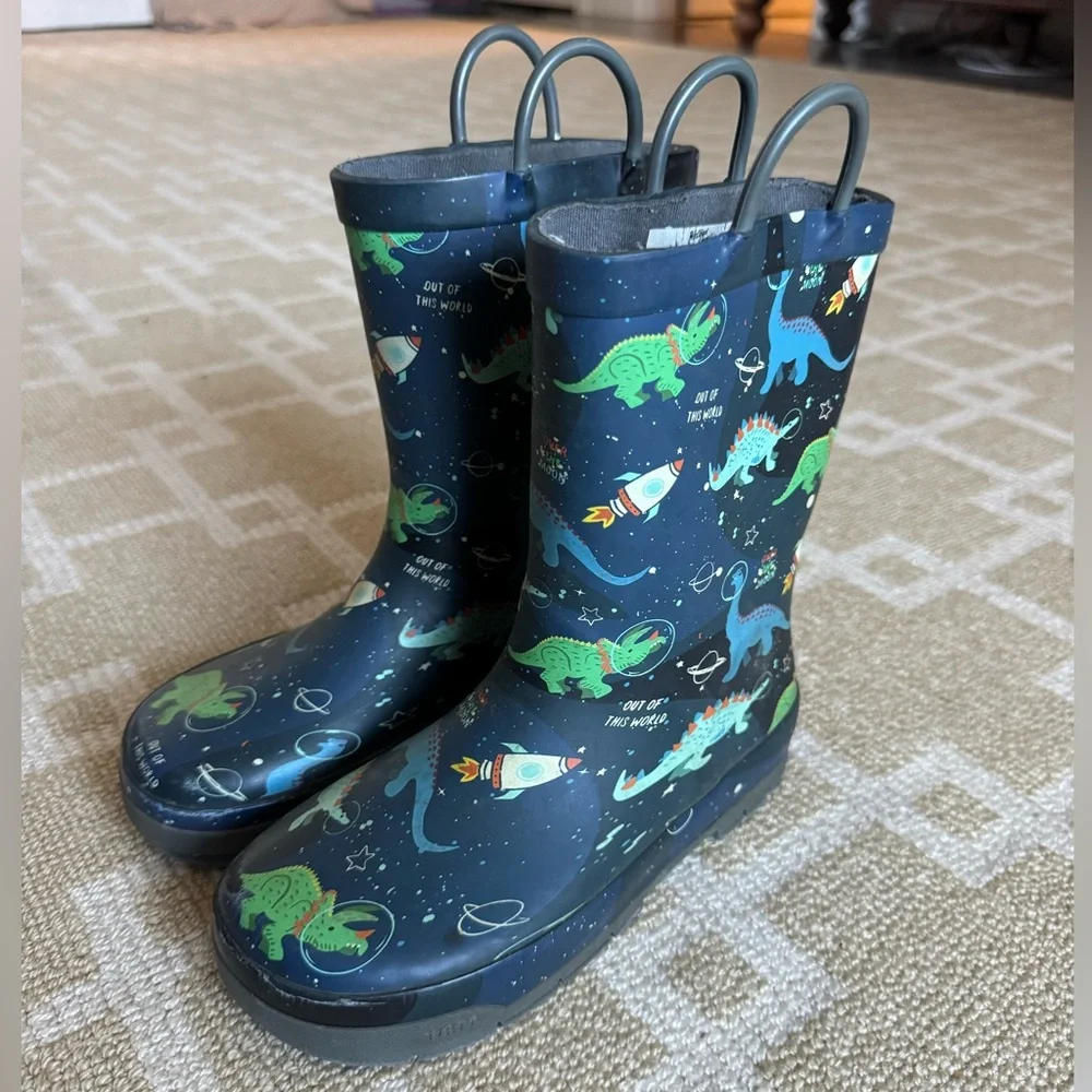 Western Chief Kids Waterproof Rain Boots Dino Space Navy Pull On Outdoor Size 13